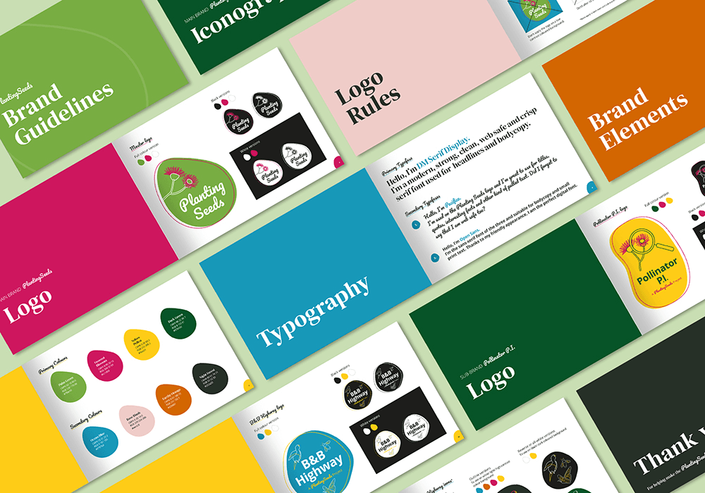 Planting Seeds business card and stationery mock-ups showcasing brand applications on various backgrounds