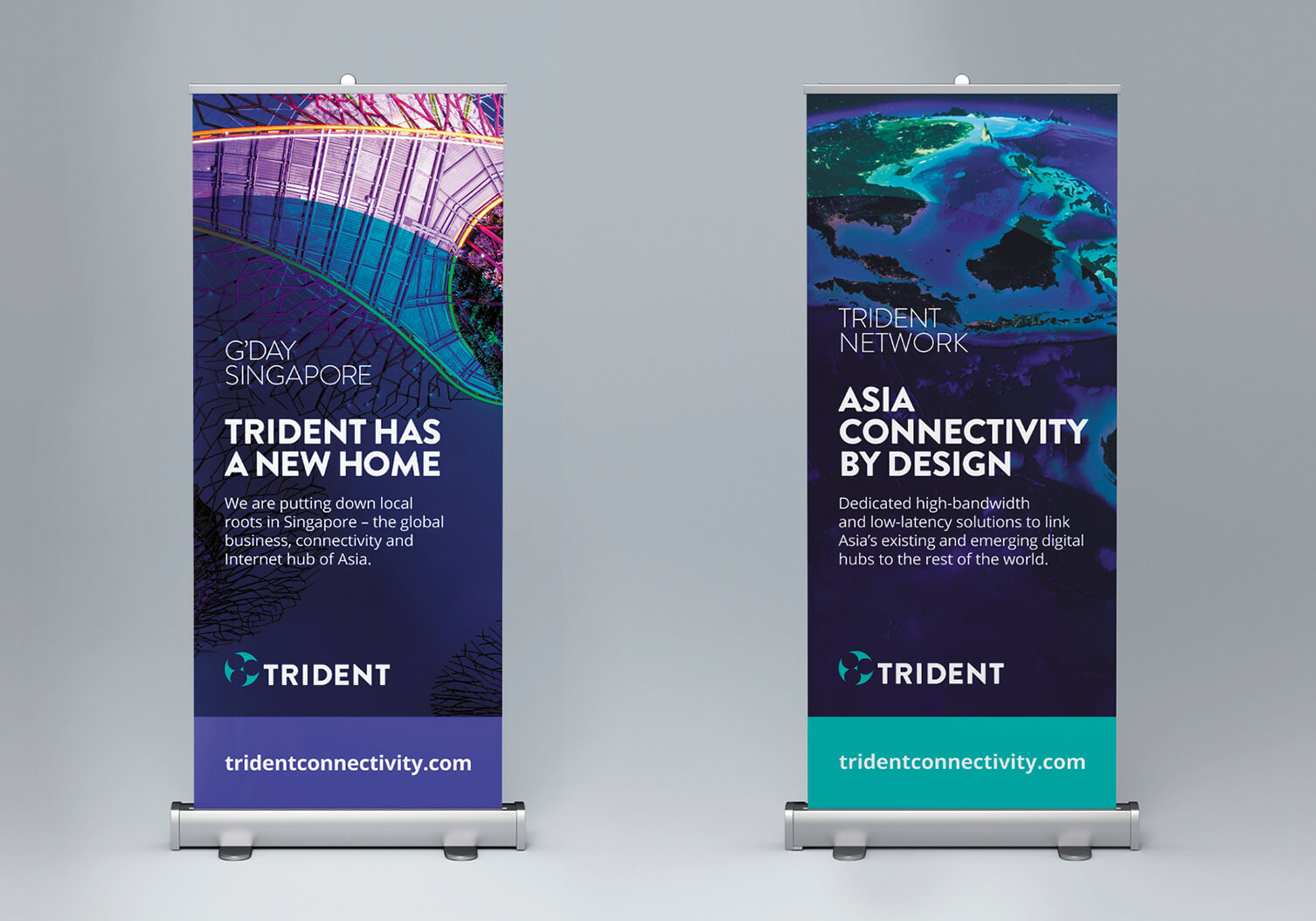 Trident Connectivity pull-up banners and exhibition displays showing brand application for events