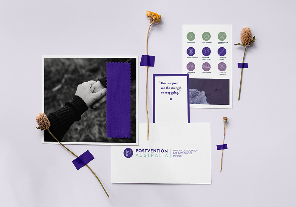 Postvention Australia suicide prevention support branding portfolio thumbnail showing information materials and campaign design
