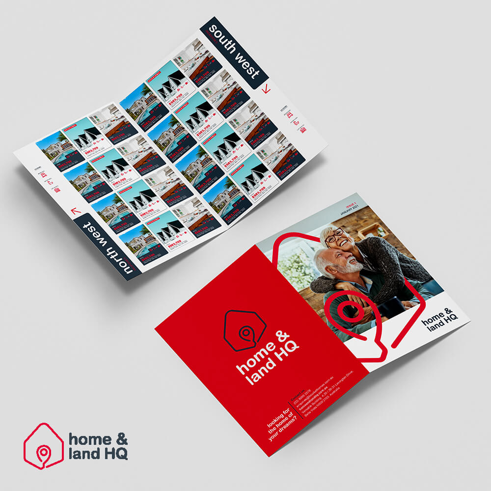 Home & Land HQ property branding portfolio thumbnail showing business cards and brand materials design