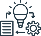 Lightbulb with document and gear icon representing strategic marketing planning and innovative solutions